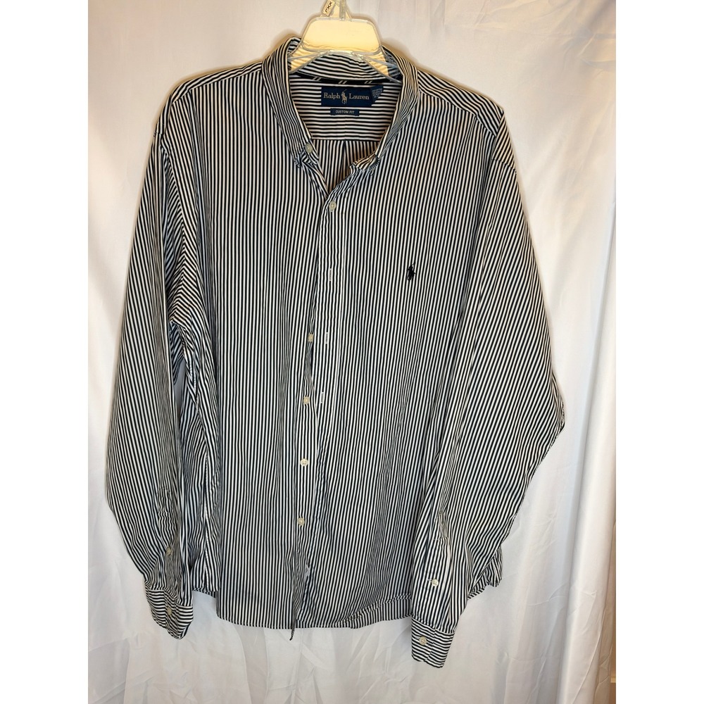 Ralph Lauren Mens XXL Custom Fit Black White Striped Cotton Button Down Shirt